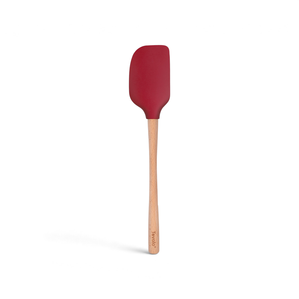 The Tovolo Flex-Core Spatula features a red silicone head and a wooden handle with the Tovolo logo at the base, shown isolated on a white background.