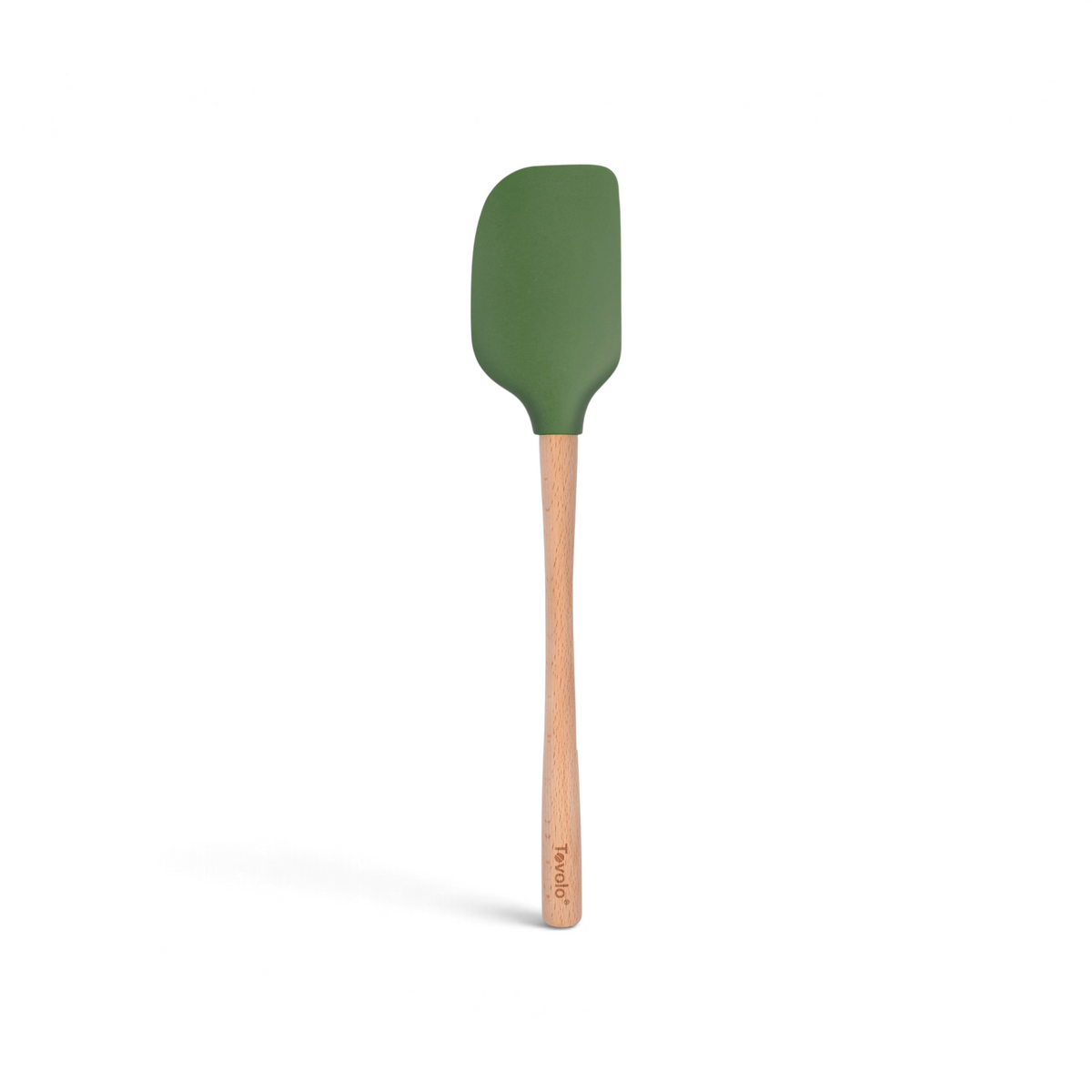 The Flex-Core Spatula features a green silicone head and a wooden handle engraved with "Tovolo," showcased on a white background.