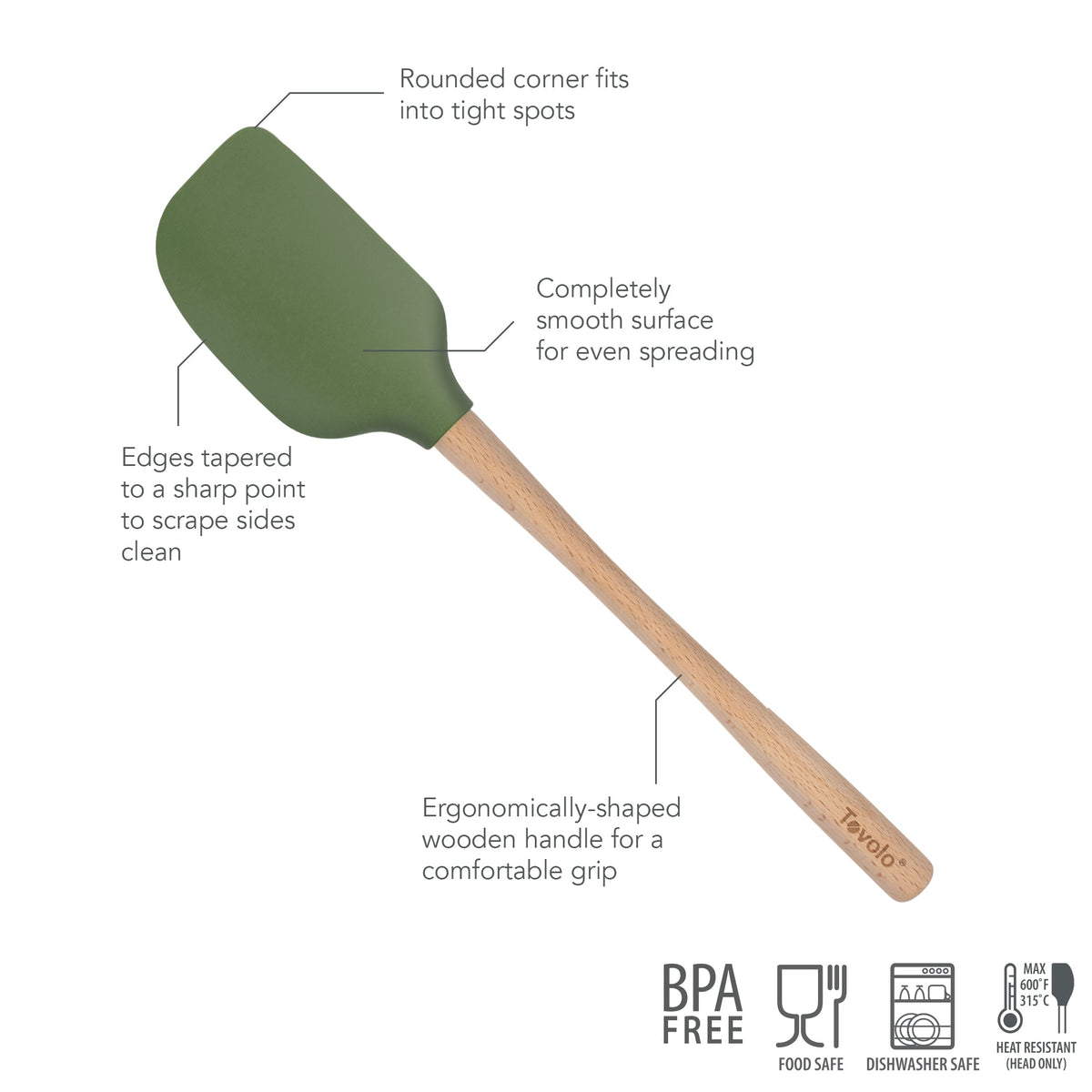 The Flex-Core Spatula is a green silicone spatula with a wooden handle, rounded corner, flex-core surface, tapered edges, and ergonomic grip. It's food safe, BPA free, heat resistant, and dishwasher safe. Icons included.