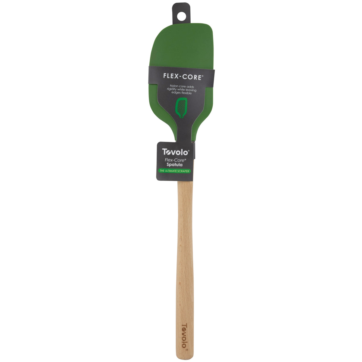 A green Flex-Core Spatula with a wooden handle, labeled Flex-Core Spatula, is durable and comes in its original packaging.