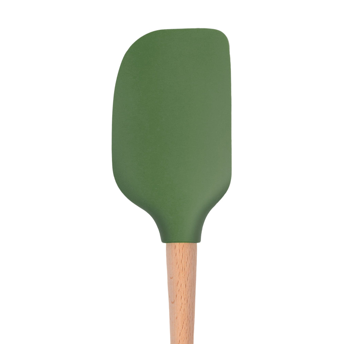 The Flex-Core Spatula features a green silicone head and a sturdy wooden handle, displayed on a white background.
