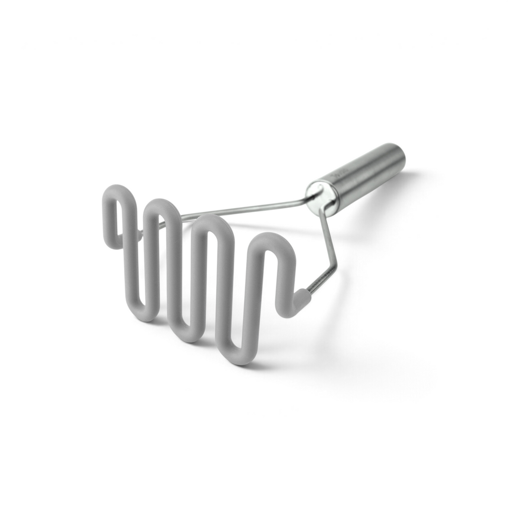 The Silicone Potato Masher features a zigzag-shaped gray silicone head and a sleek stainless steel handle, shown on a white background.