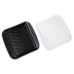 The Prep and Serve BBQ Tray, featuring a black chevron-patterned square tray and a clear plastic lid with a textured grid design, is displayed on a white background—perfect for grill masters aiming to prevent contamination.