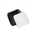 The Prep and Serve BBQ Tray set, featuring a black plastic and a white foam rectangular tray with raised edges, sits side by side on a white background—perfect for grill masters to keep food prep safe and prevent cross-contamination.