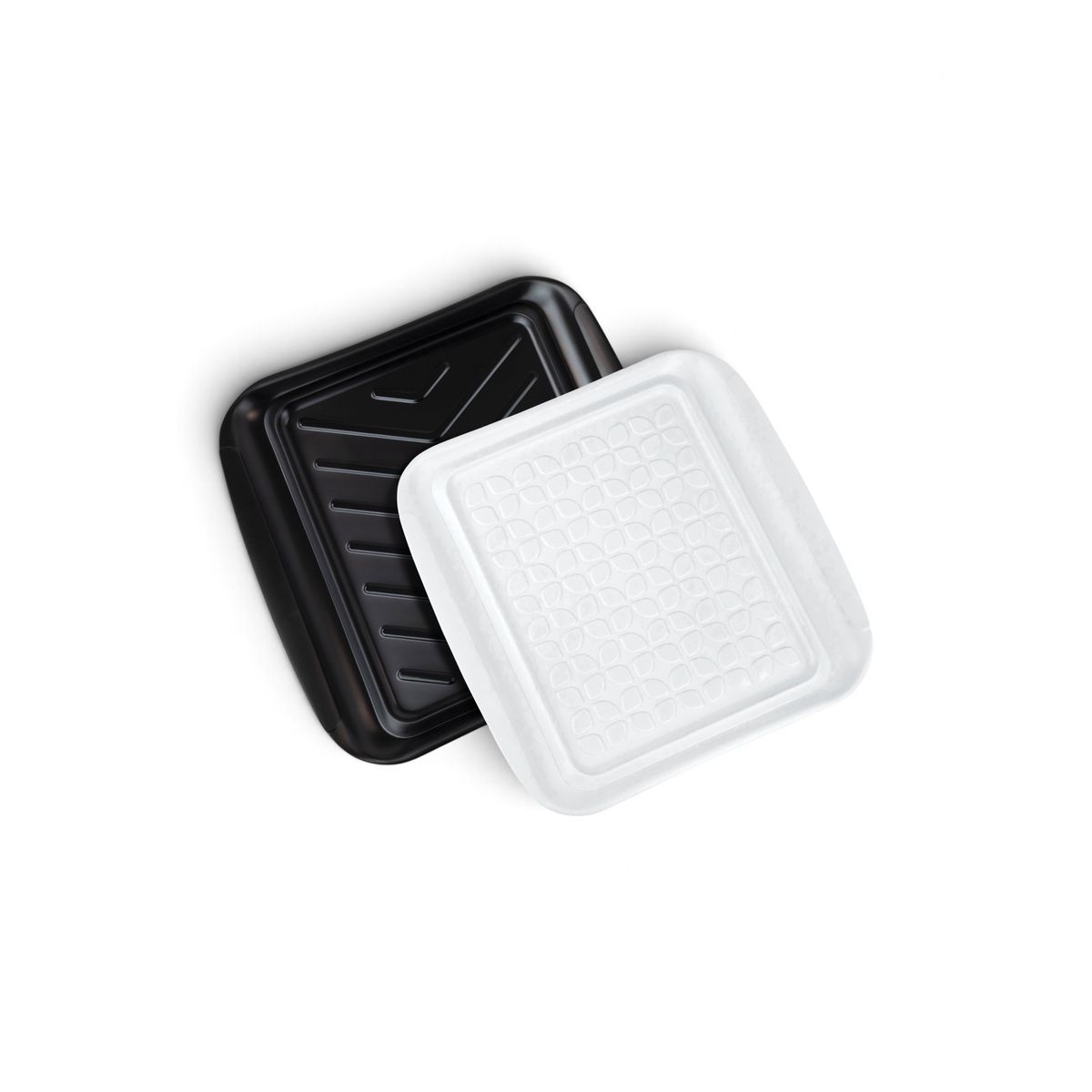 The Prep and Serve BBQ Tray set, featuring a black plastic and a white foam rectangular tray with raised edges, sits side by side on a white background—perfect for grill masters to keep food prep safe and prevent cross-contamination.