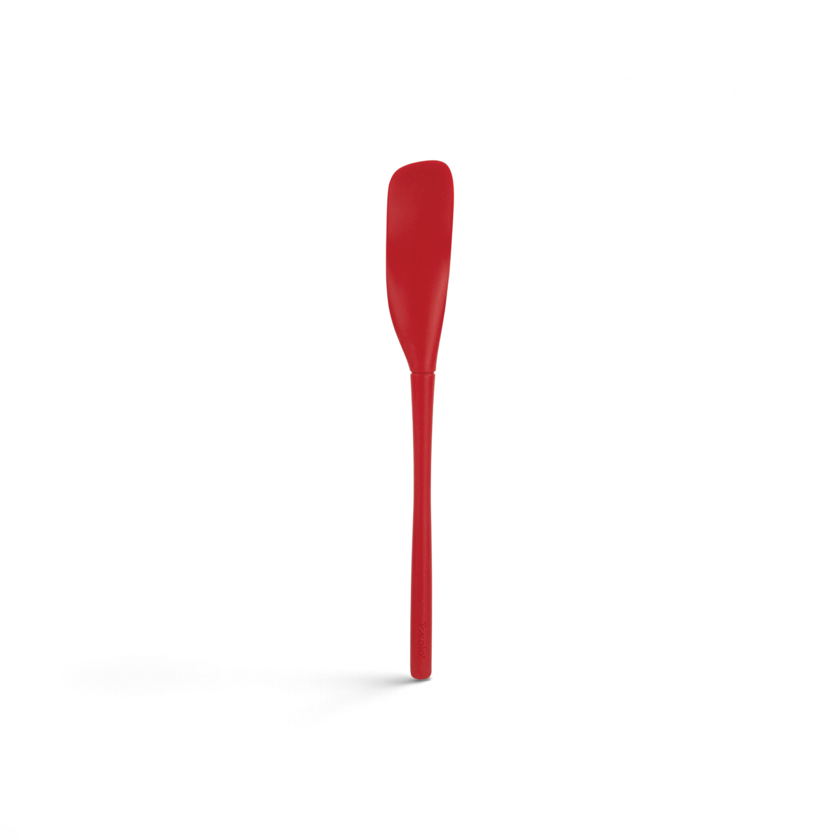 The tovolo Flex-Core Silicone Jar Scraper is a red spatula with a long handle and narrow, curved flat blade, perfect for mixing or scraping food from jars and containers.