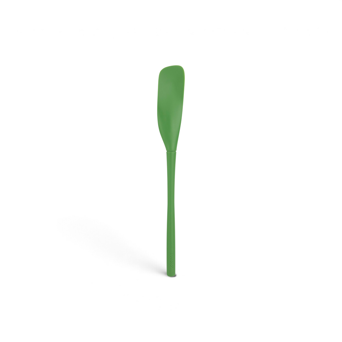The tovolo Flex-Core Silicone Jar Scraper is a long green kitchen tool with a slightly curved, flat blade and narrow handle, ideal for scraping jars, shown on a white background.