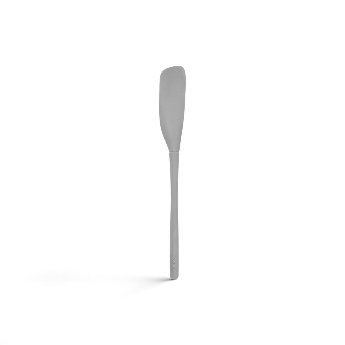 The tovolo Flex-Core Silicone Jar Scraper features a long handle and flat, slightly curved gray blade, ideal for mixing, scraping bowls, or efficiently reaching into jars.
