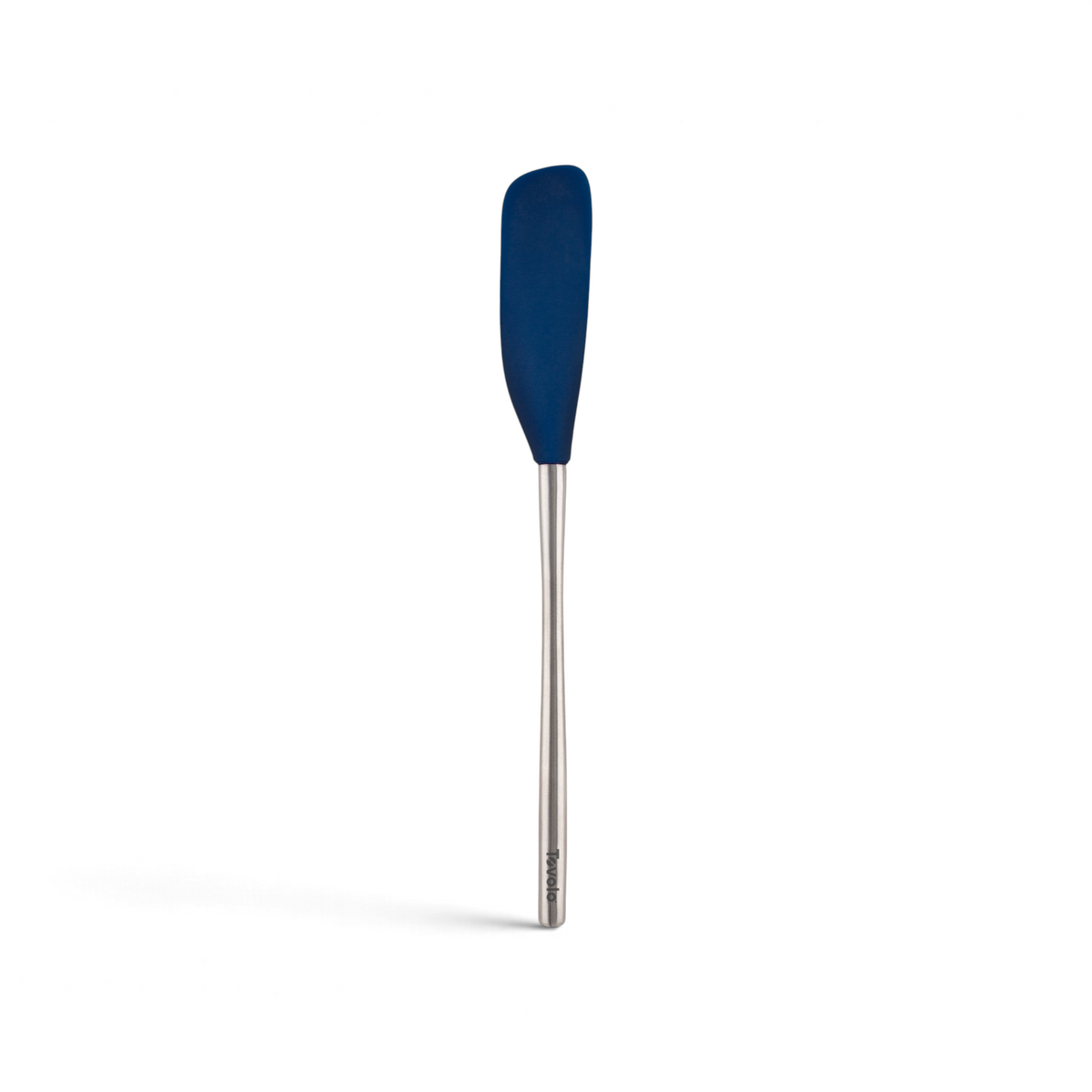 The tovolo Flex-Core Silicone Jar Scraper features a long silver handle and blue head, ideal for scraping jars. This versatile kitchen tool is shown on a white background.