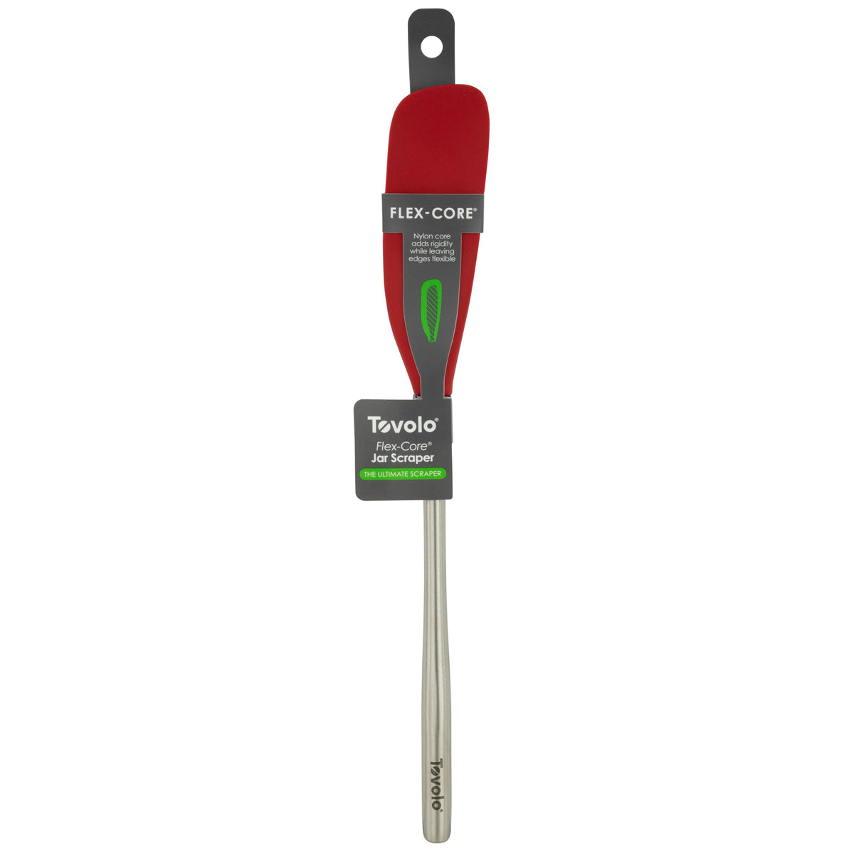 A red tovolo Flex-Core Silicone Jar Scraper with a stainless steel handle, gray hanging loop, and product label, still in packaging—a versatile kitchen essential for home chefs.