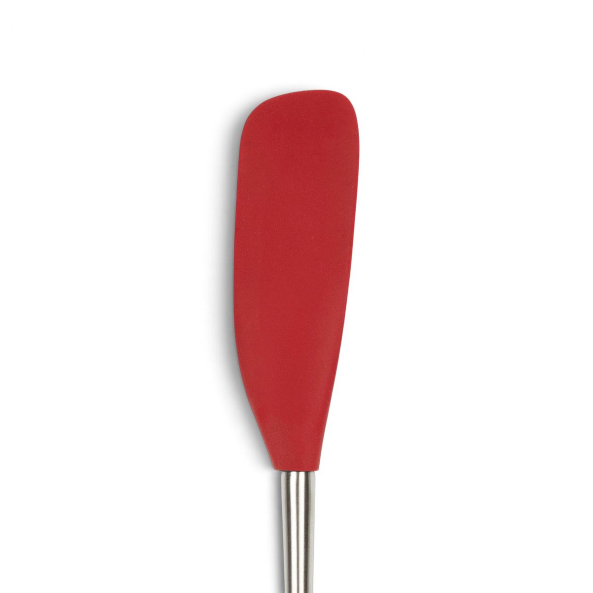 A close-up of the tovolo Flex-Core Silicone Jar Scraper, a red kitchen essential with a stainless steel handle, shown against a white background.