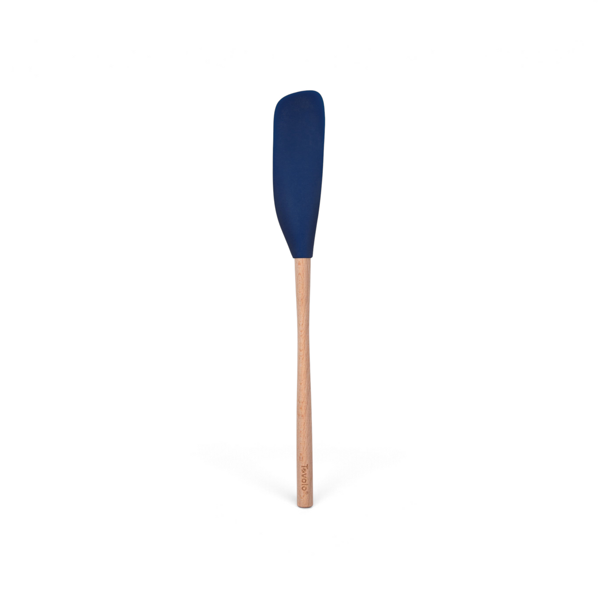 The tovolo Flex-Core Silicone Jar Scraper features a long wooden handle and a flat, dark blue silicone head, shown on a white background.