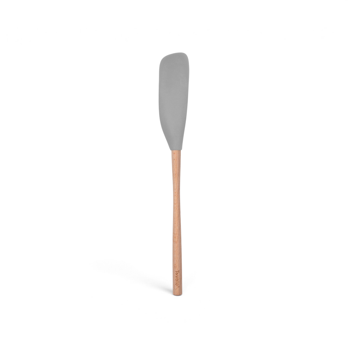 The tovolo Flex-Core Silicone Jar Scraper boasts a long, light wooden handle and a broad gray flexible head, ideal for scraping jars. Photographed on a plain white background.