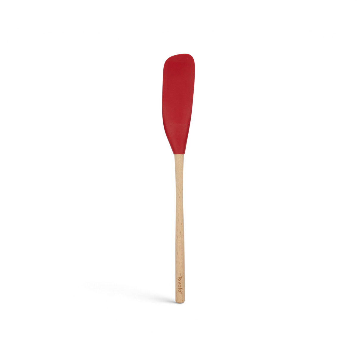 The tovolo Flex-Core Silicone Jar Scraper features a red silicone head and a long, light wooden handle—ideal for scraping jars and mixing ingredients. Shown against a white background.