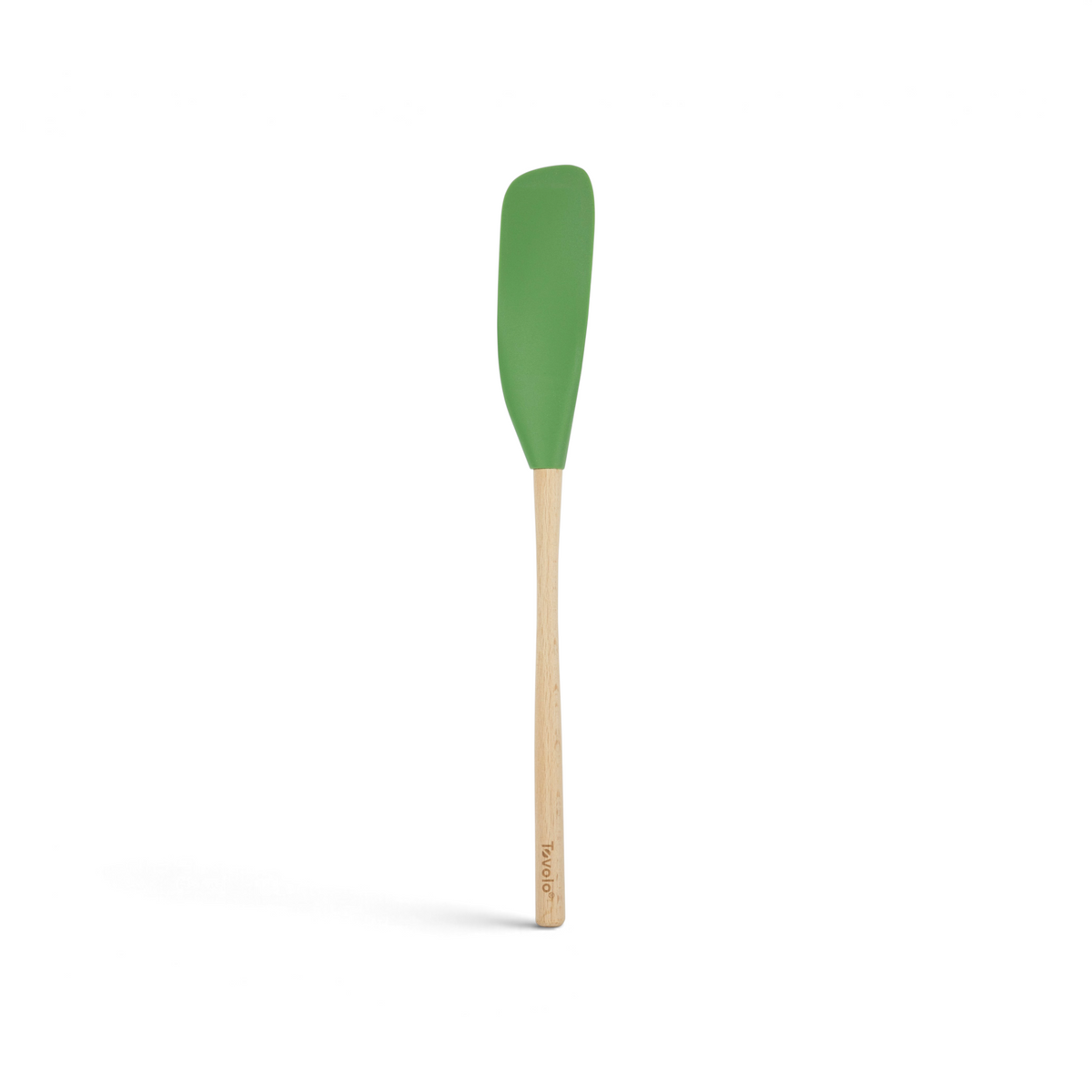 The tovolo Flex-Core Silicone Jar Scraper features a green silicone head and long light wooden handle, ideal for scraping jars, and is pictured on a plain white background.
