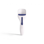 The Cupcake Scoop is a white handheld tool with a blue rubber strip across the scoop and a blue slider on the handle, perfect for baking cupcakes or removing pet hair.