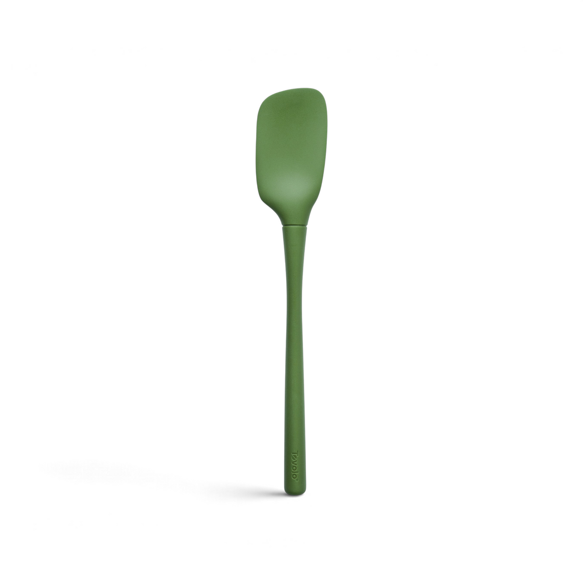 The tovolo Flex-Core Silicone Spoonula features a green, modern design with a long handle and curved flat head. Sturdy and easy to use, its smooth surface makes it perfect for cooking or baking and simple to clean.