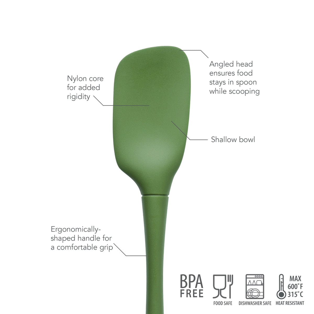 The tovolo Flex-Core Silicone Spoonula features a rigid nylon core, angled head, shallow bowl, and ergonomic handle. BPA-free and food-safe, it's dishwasher safe and heat resistant up to 600°F/315°C.