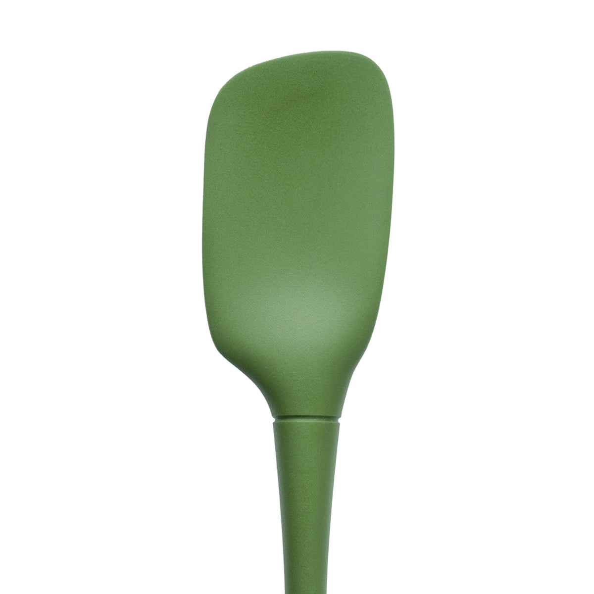 The tovolo Flex-Core Silicone Spoonula, in green, features a wide, slightly curved blade and a tapered handle, displayed against a white background.