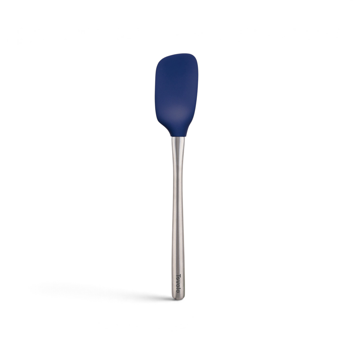 The tovolo Flex-Core Silicone Spoonula features a blue flexible head and a long stainless steel handle, making it ideal for mixing or scraping. Shown against a white background.
