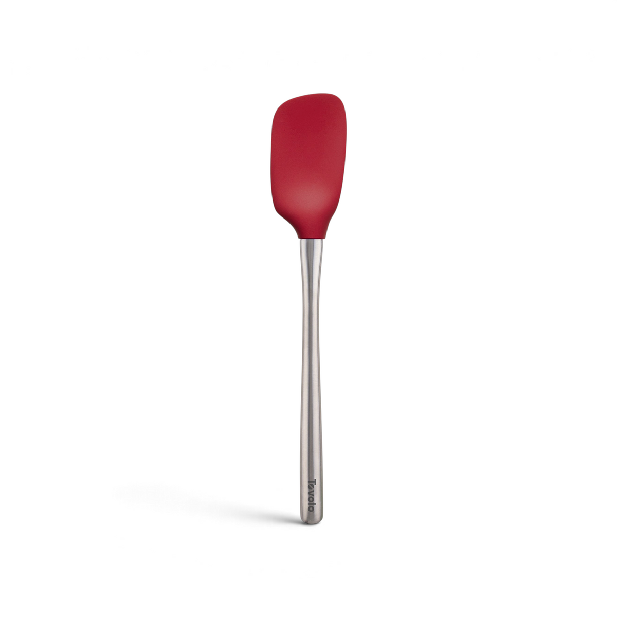 The tovolo Flex-Core Silicone Spoonula features a red silicone head and long stainless steel handle; this versatile kitchen tool is shown on a white background.