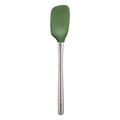A green Flex-Core Silicone Spoonula by tovolo with a stainless steel handle is shown on a white background. The versatile silicone tool displays the tovolo brand name near the base of the handle.