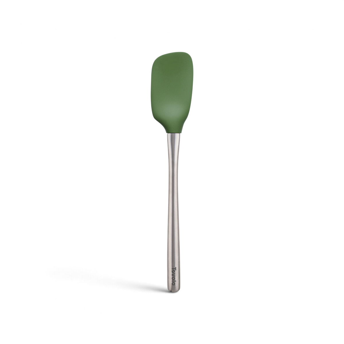 A green Flex-Core Silicone Spoonula by tovolo with a stainless steel handle is shown on a white background. The versatile silicone tool displays the tovolo brand name near the base of the handle.