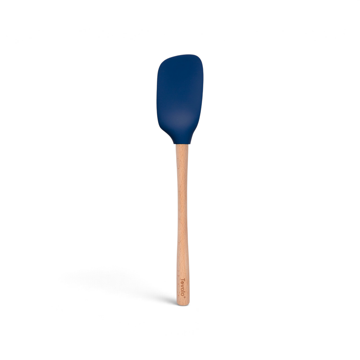 The tovolo Flex-Core Silicone Spoonula, with a blue silicone head and light brown wooden handle, is a versatile kitchen tool displayed on a plain white background.