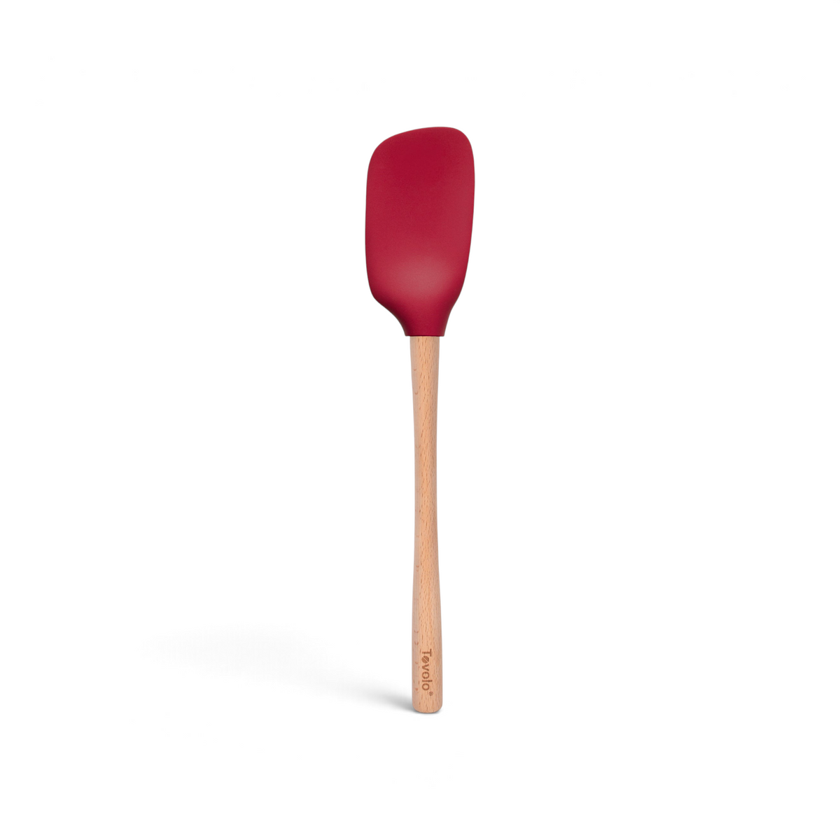 A tovolo Flex-Core Silicone Spoonula with a long, light wood handle and red silicone head is shown on a white background.