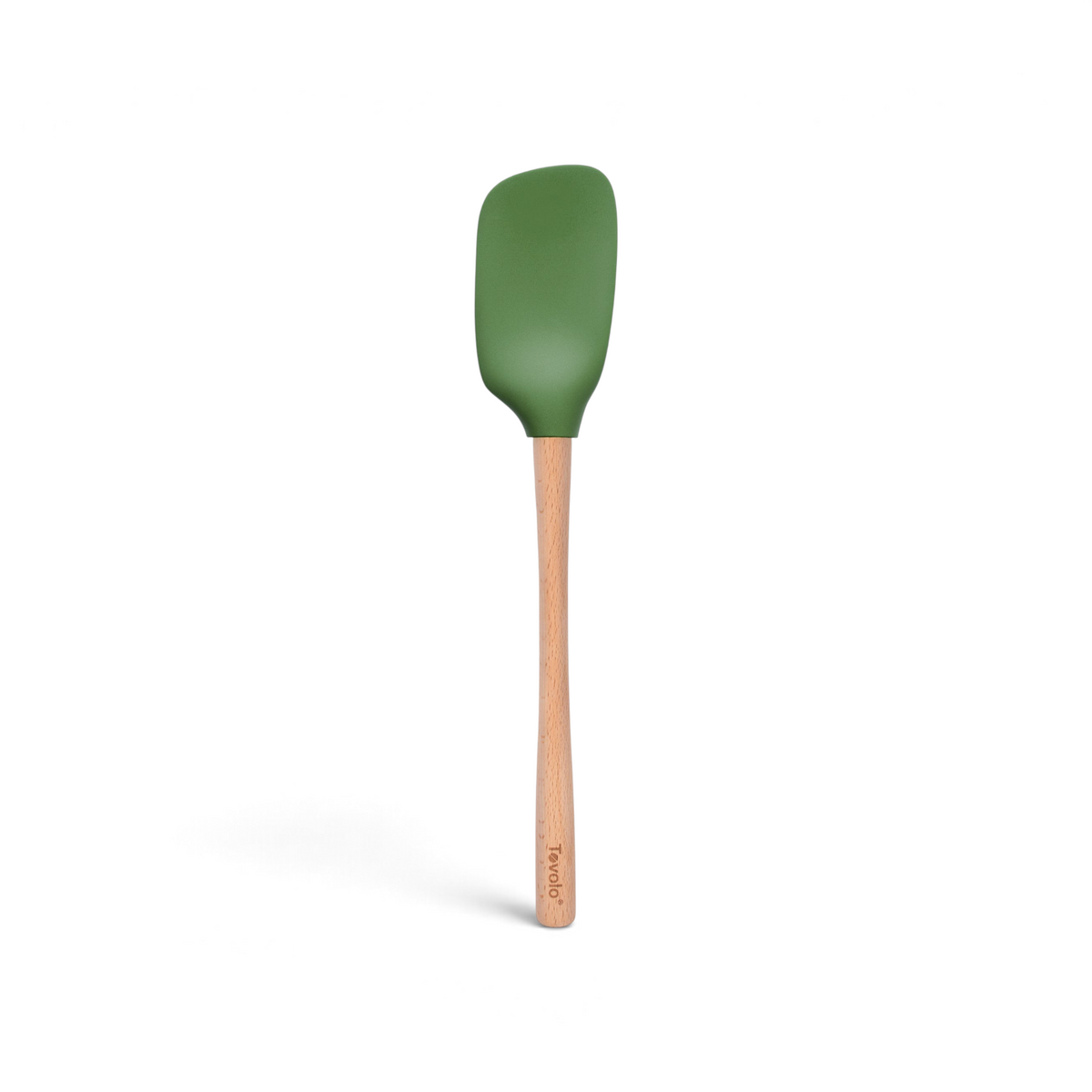 The tovolo Flex-Core Silicone Spoonula features a green silicone spatula spoon head and a sturdy wooden handle, shown isolated on a white background.