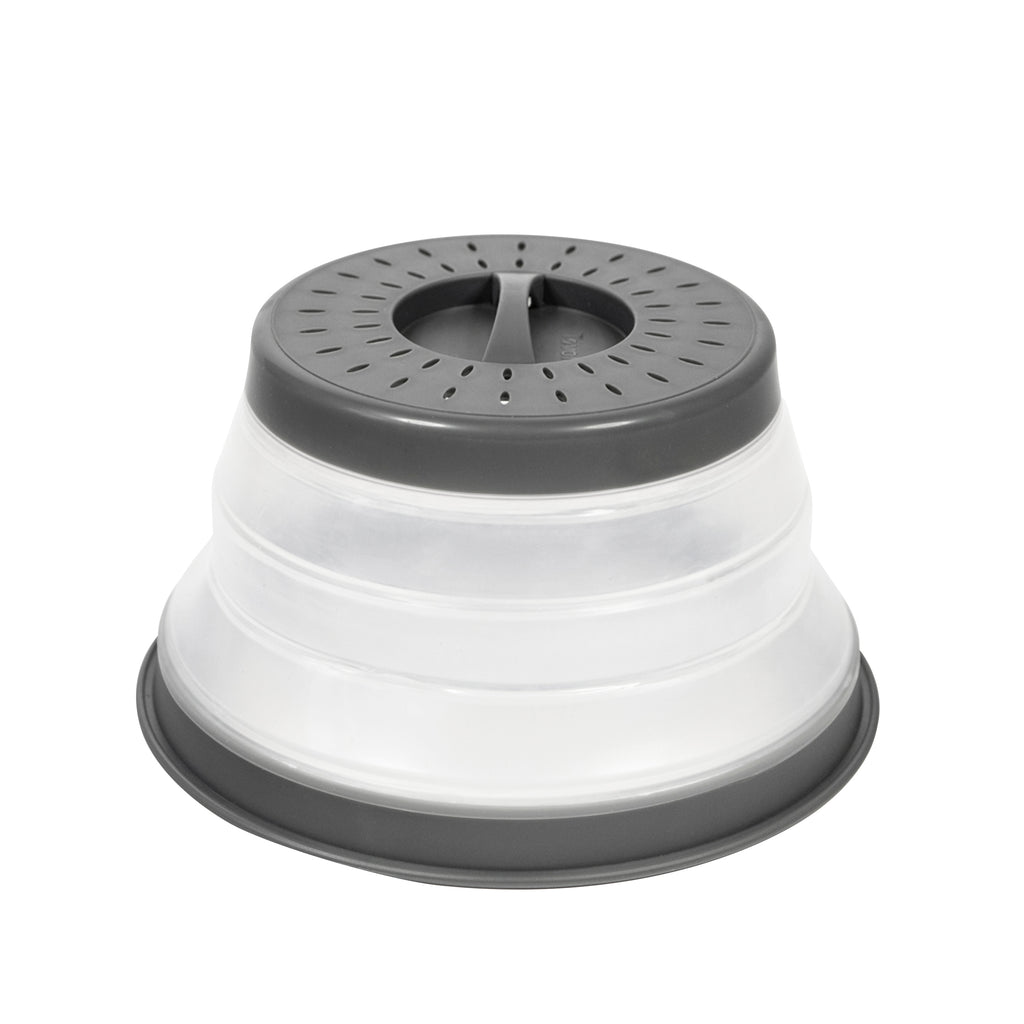 The Collapsible Microwave Food Cover is a round, high heat-resistant plastic lid with translucent sides and vents, designed to prevent splatters while heating food in the microwave.