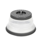 The Collapsible Microwave Food Cover is a round, high heat-resistant plastic lid with translucent sides and vents, designed to prevent splatters while heating food in the microwave.