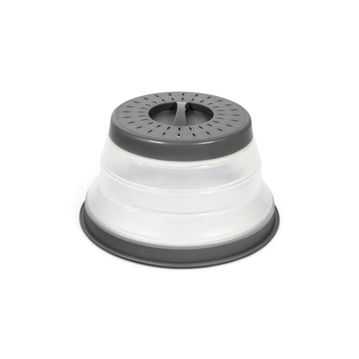 The Collapsible Microwave Food Cover is a round, high heat-resistant plastic lid with translucent sides and vents, designed to prevent splatters while heating food in the microwave.