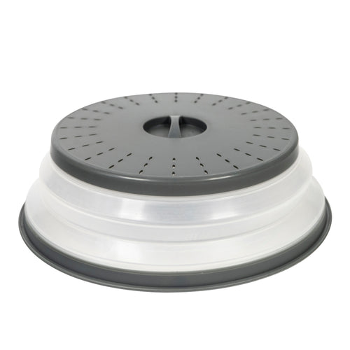 The Collapsible Microwave Food Cover features a gray, vented lid with ventilation holes and a clear, expandable base made of high heat-resistant plastic.