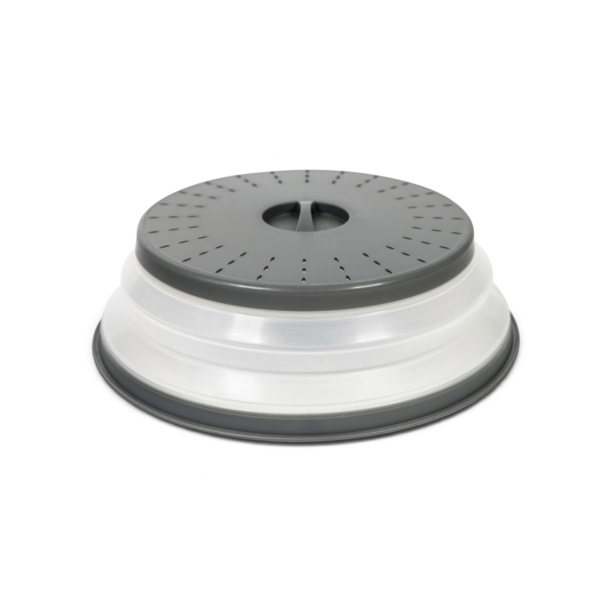 The Collapsible Microwave Food Cover features a gray, vented lid with ventilation holes and a clear, expandable base made of high heat-resistant plastic.