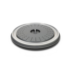 The Collapsible Microwave Food Cover is a round, gray, high heat-resistant plastic lid with a white rim and ventilation holes, designed to prevent splatters while heating food in the microwave.