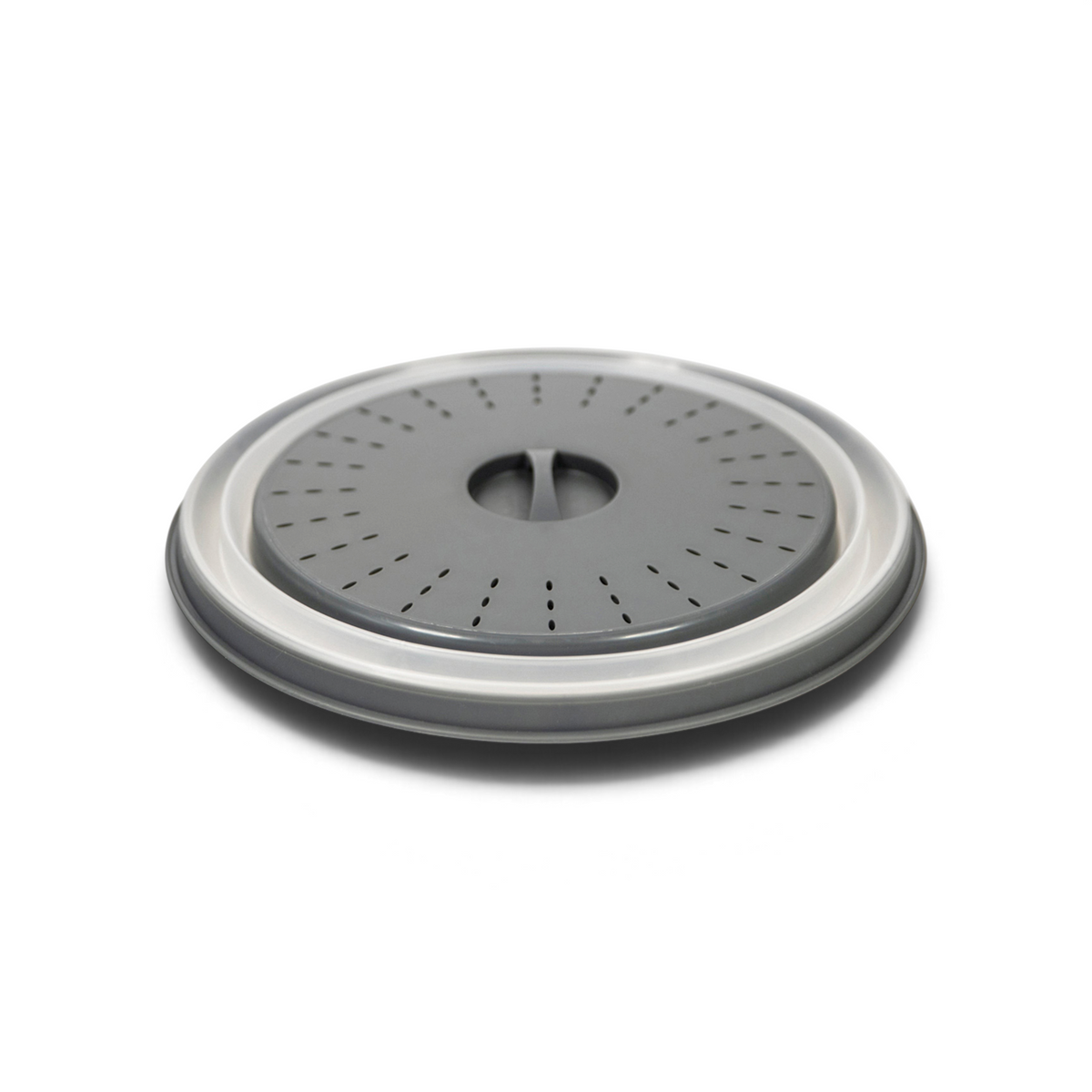 The Collapsible Microwave Food Cover is a round, gray, high heat-resistant plastic lid with a white rim and ventilation holes, designed to prevent splatters while heating food in the microwave.