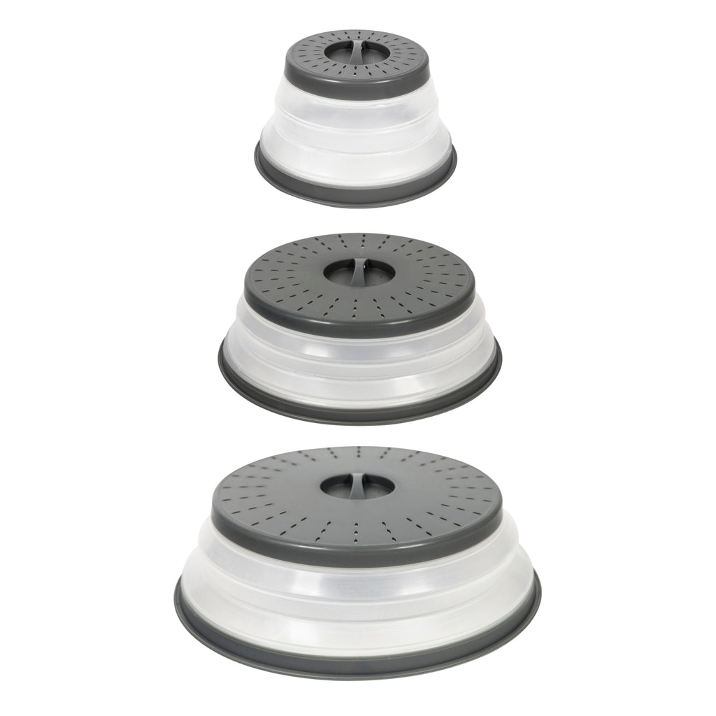 The Collapsible Microwave Food Cover set includes three stackable, gray covers in different sizes with clear sides and vented lids, all made from high heat-resistant plastic for safe microwaving.