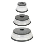 The Collapsible Microwave Food Cover set includes three stackable, gray covers in different sizes with clear sides and vented lids, all made from high heat-resistant plastic for safe microwaving.