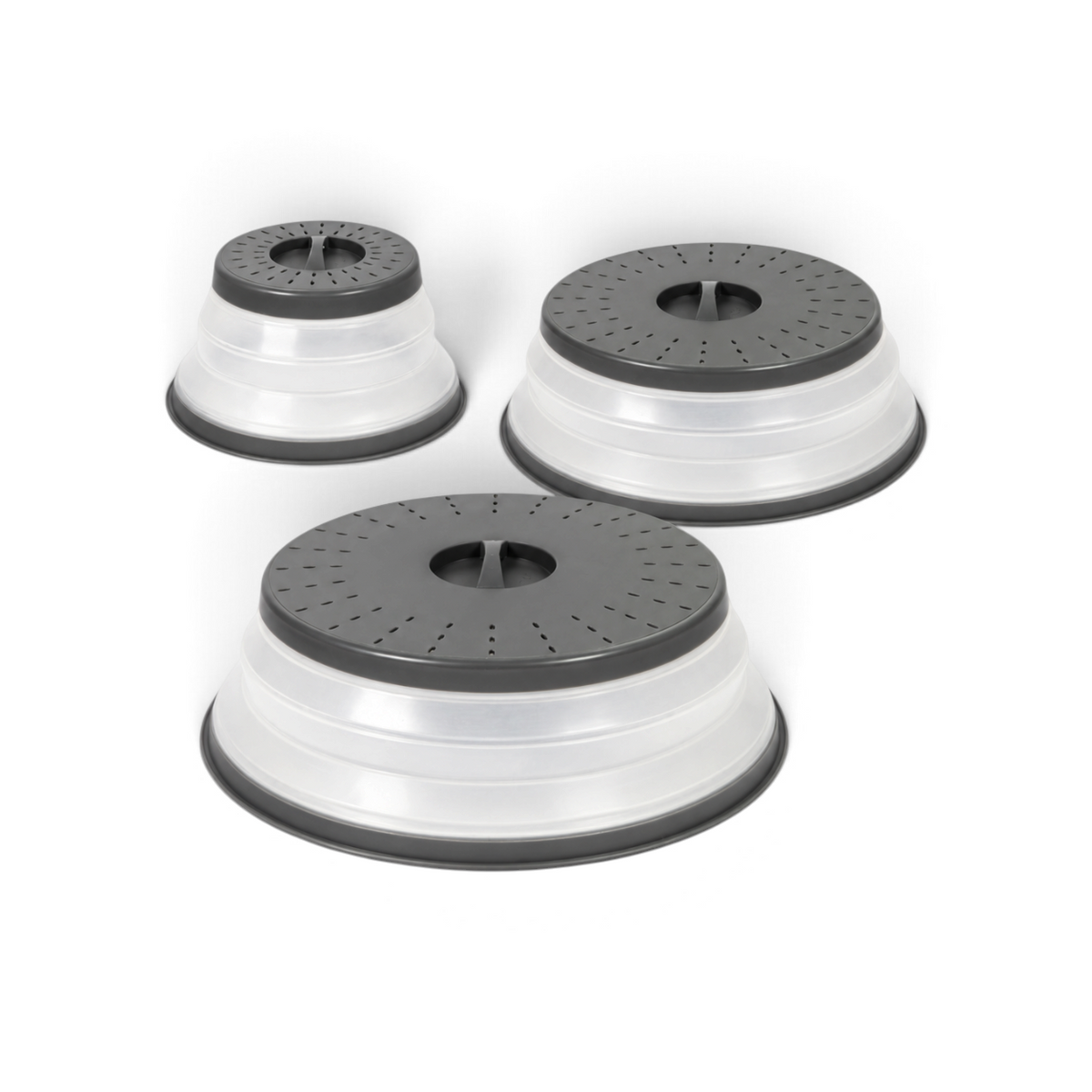 Tovolo set of three collapsible microwave food covers in grey and translucent white with steam venting holes