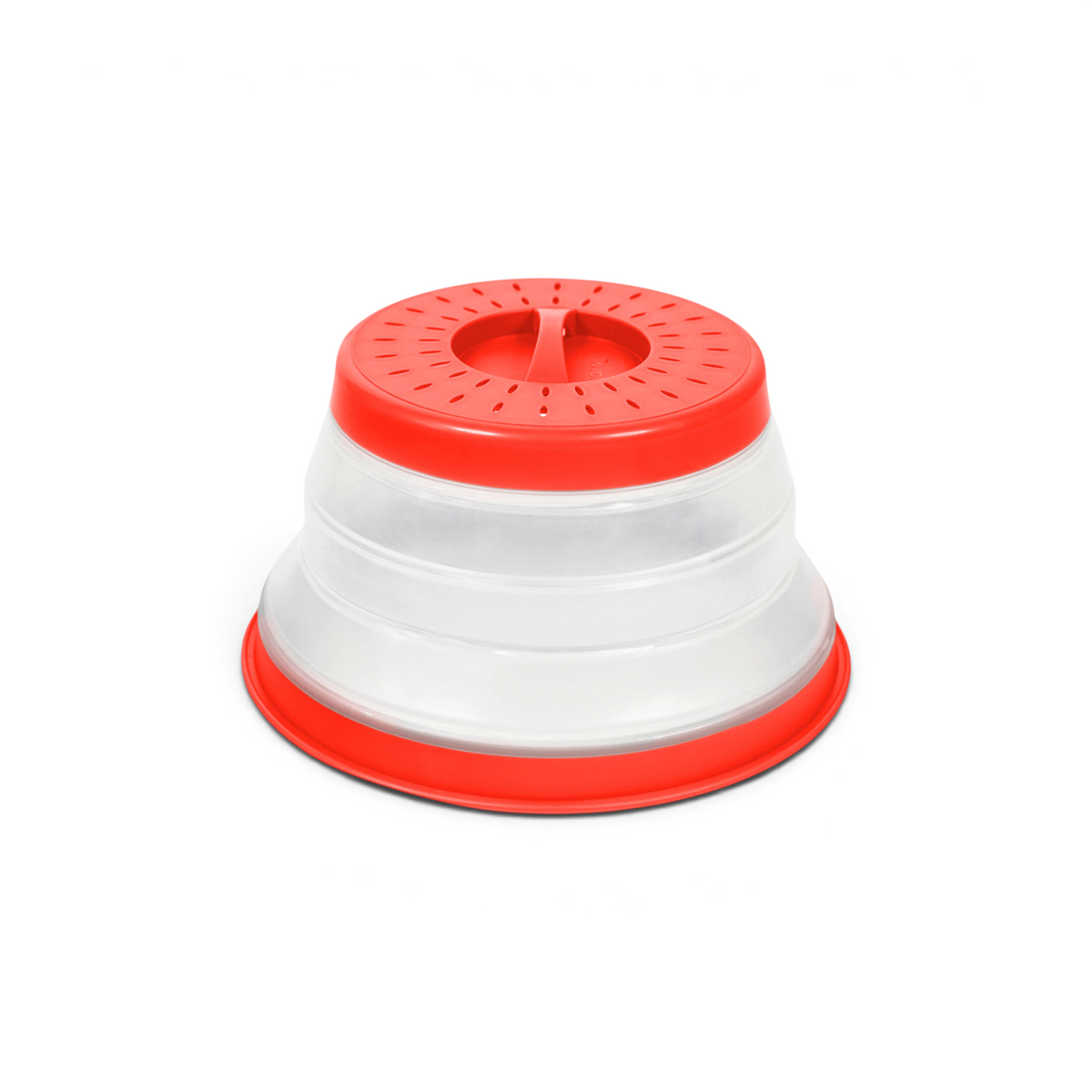 The Collapsible Microwave Food Cover is made from high heat-resistant plastic, with a red base and top, a vented lid, and central handle that helps prevent splatters when heating food.