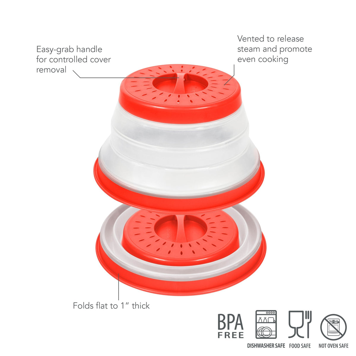 The Collapsible Microwave Food Cover features a red and clear vented lid, easy-grab handle, heat-resistant BPA-free plastic, foldable design for compact storage, and is dishwasher and food safe (not oven safe).