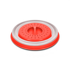The Collapsible Microwave Food Cover, made of high heat-resistant plastic in red and white, features a central handle and vent holes to prevent splatters during heating.