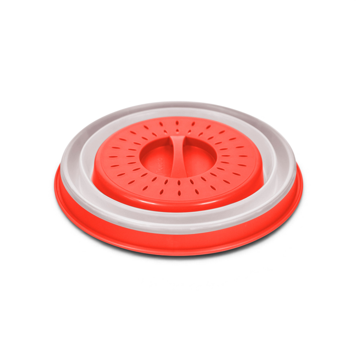 The Collapsible Microwave Food Cover, made of high heat-resistant plastic in red and white, features a central handle and vent holes to prevent splatters during heating.