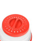 A close-up of the Collapsible Microwave Food Cover, featuring a red and white vented lid with small holes around the edge, a central handle, and made from high heat-resistant plastic.