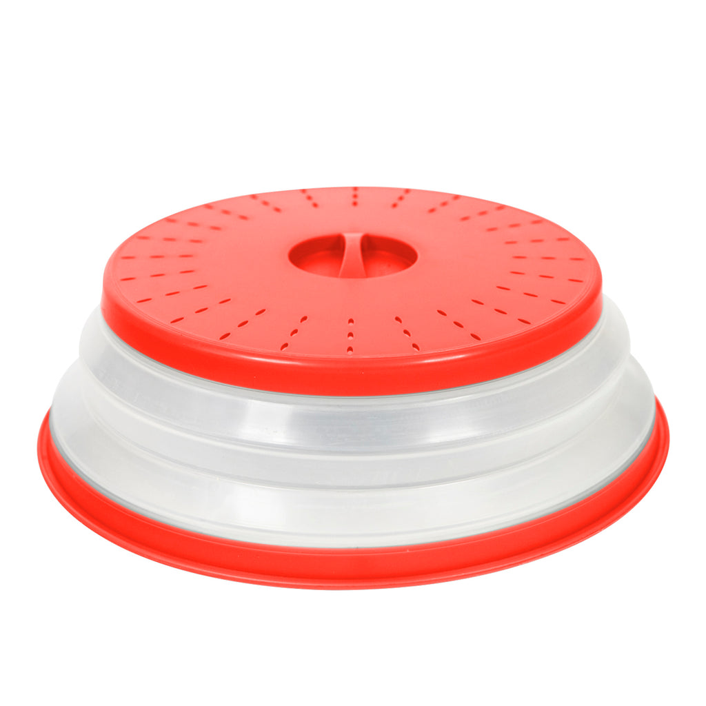 The Collapsible Microwave Food Cover features high heat-resistant plastic, a clear base, and a red vented lid and handle to prevent splatters while reheating food.