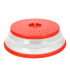 The Collapsible Microwave Food Cover features high heat-resistant plastic, a clear base, and a red vented lid and handle to prevent splatters while reheating food.