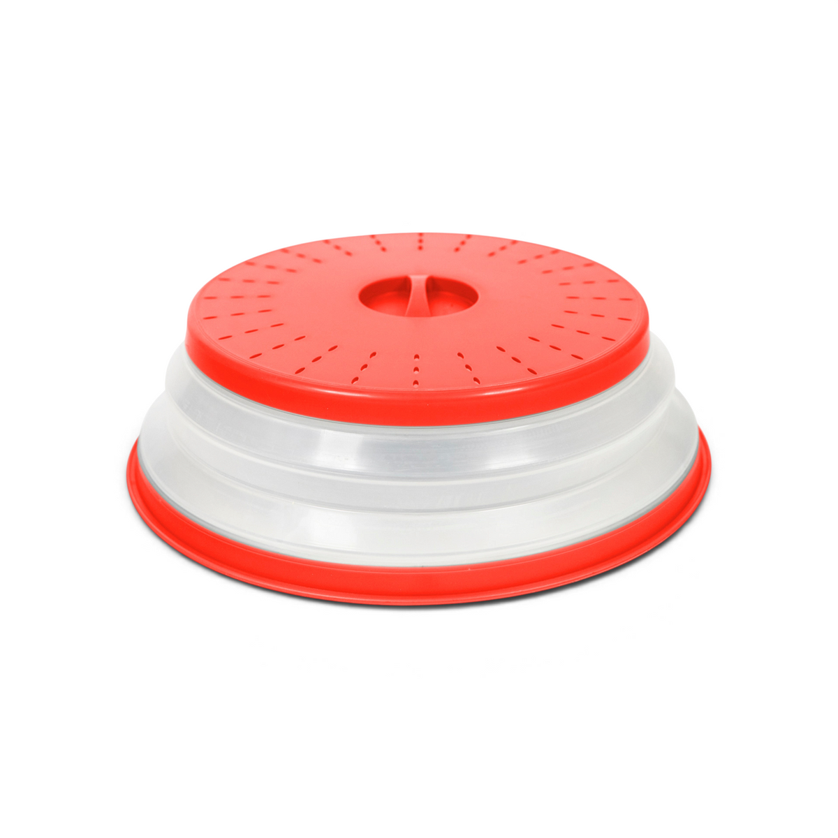 The Collapsible Microwave Food Cover features high heat-resistant plastic, a clear base, and a red vented lid and handle to prevent splatters while reheating food.