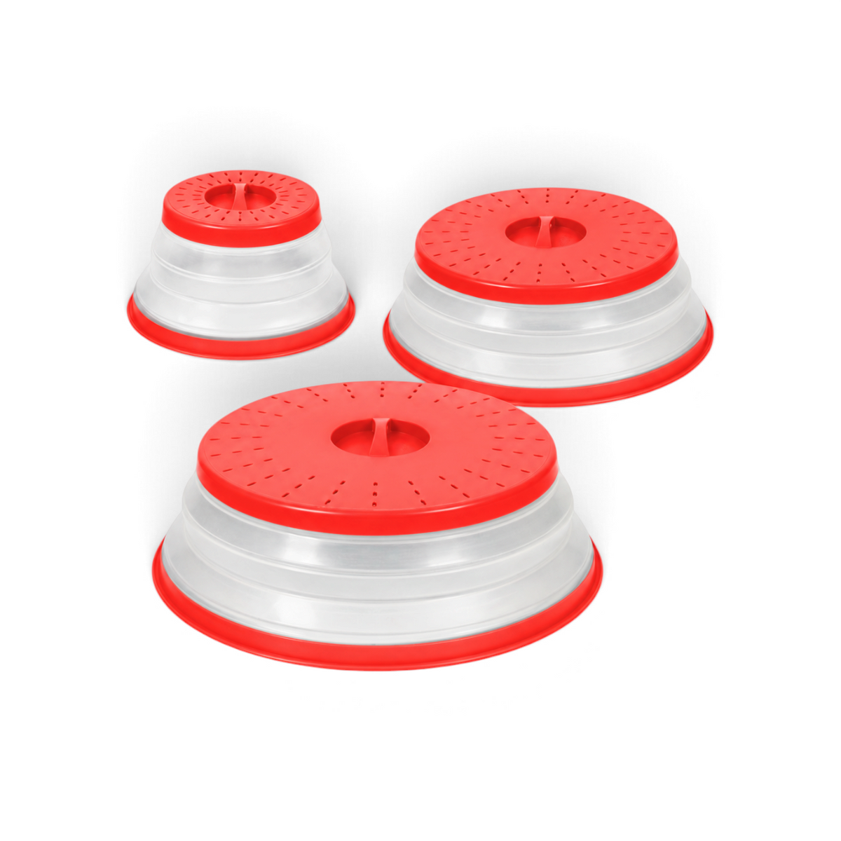 Tovolo set of 3 red and translucent collapsible microwave food covers with steam vents for splatter-free reheating.