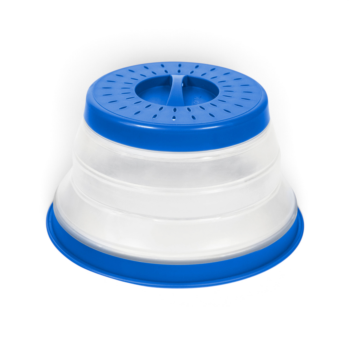 Tovolo small collapsible microwave food cover in blue and translucent plastic with steam vents for easy storage